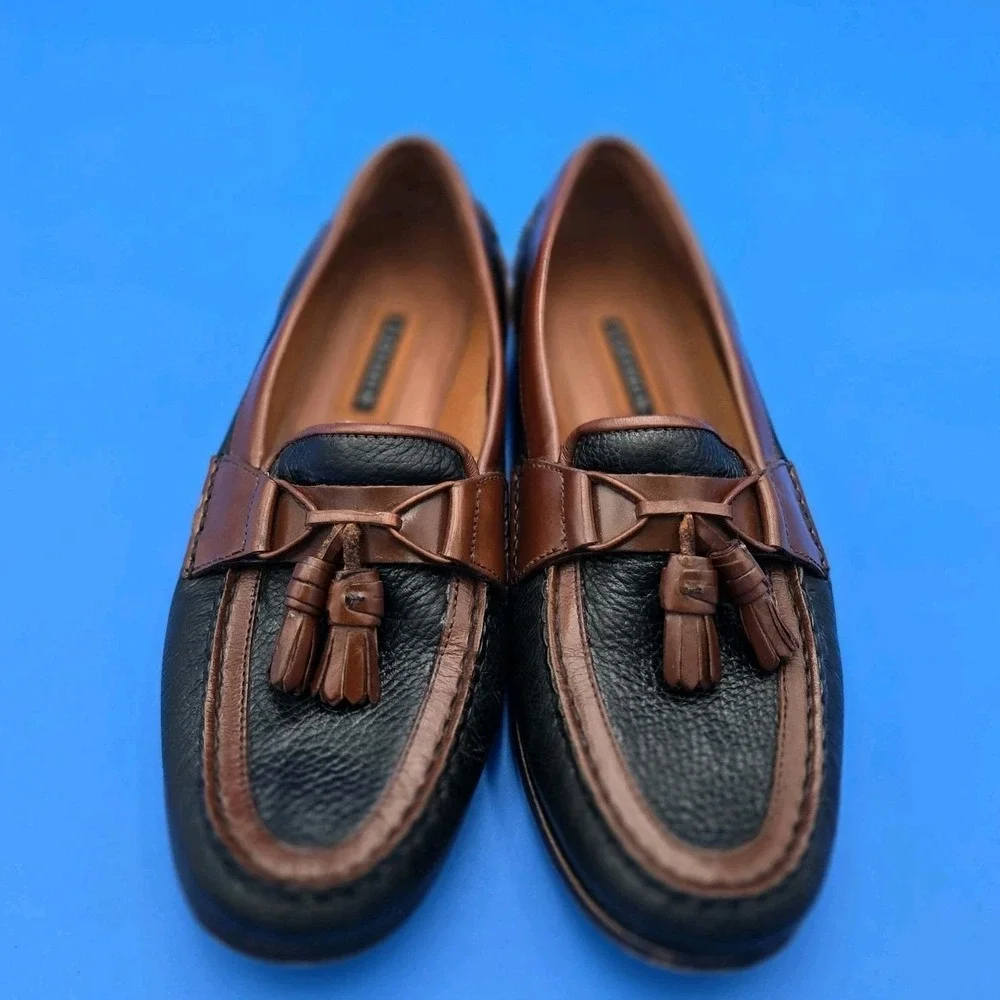 Florsheim Men Loafers Tassel Sz 10.D Leather Black Pebble-Grain Brown Trim Shoes